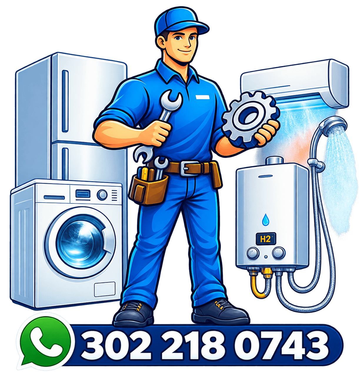 Técnico especializado junto a una lavadora, nevera, aire acondicionado y calentador de agua